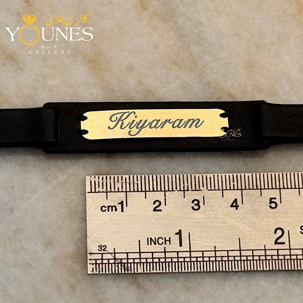 دستبند چرم مردانه طلا حکاکی اسم Kiyaram کیارام